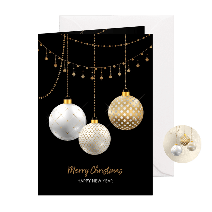 Kerstkaart kerstballen wit met goud  - Kaartimpressie