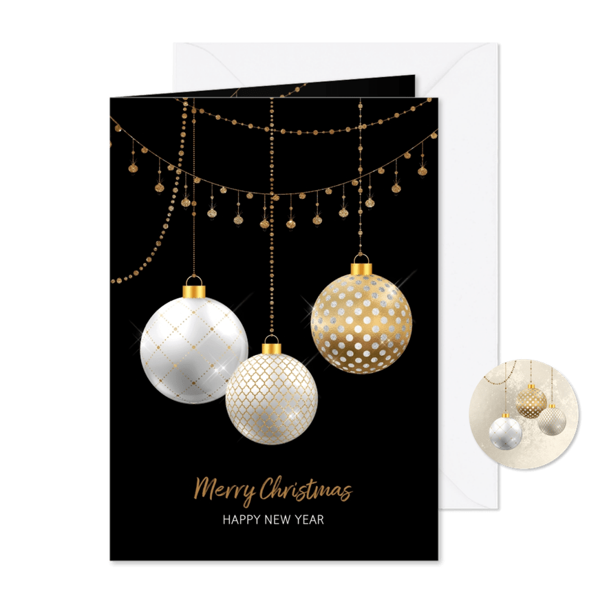 Kerstkaart kerstballen wit met goud - Kaartimpressie