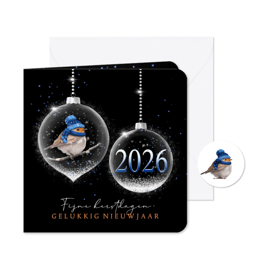 Kerstkaart kerstballen zilver roodborst met foto - Kaartimpressie