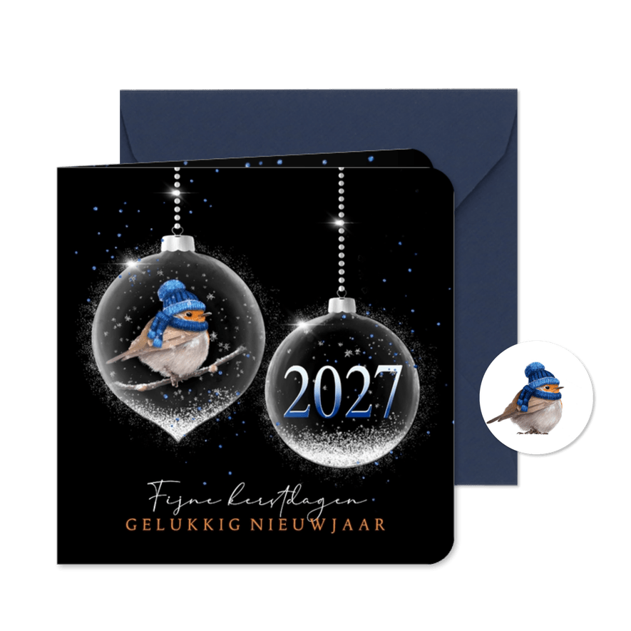Kerstkaart kerstballen zilver roodborst met foto - Kaartimpressie