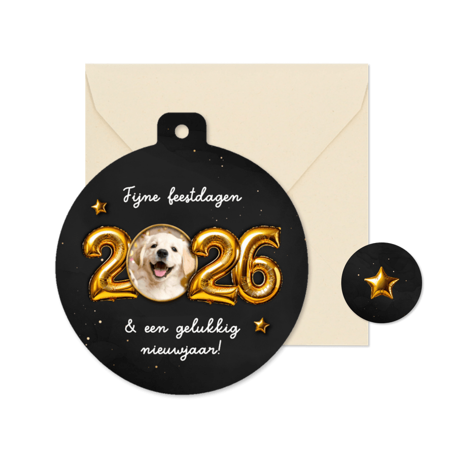 Kerstkaart kerstbalvorm folieballon 2026 foto in 0 - Kaartimpressie