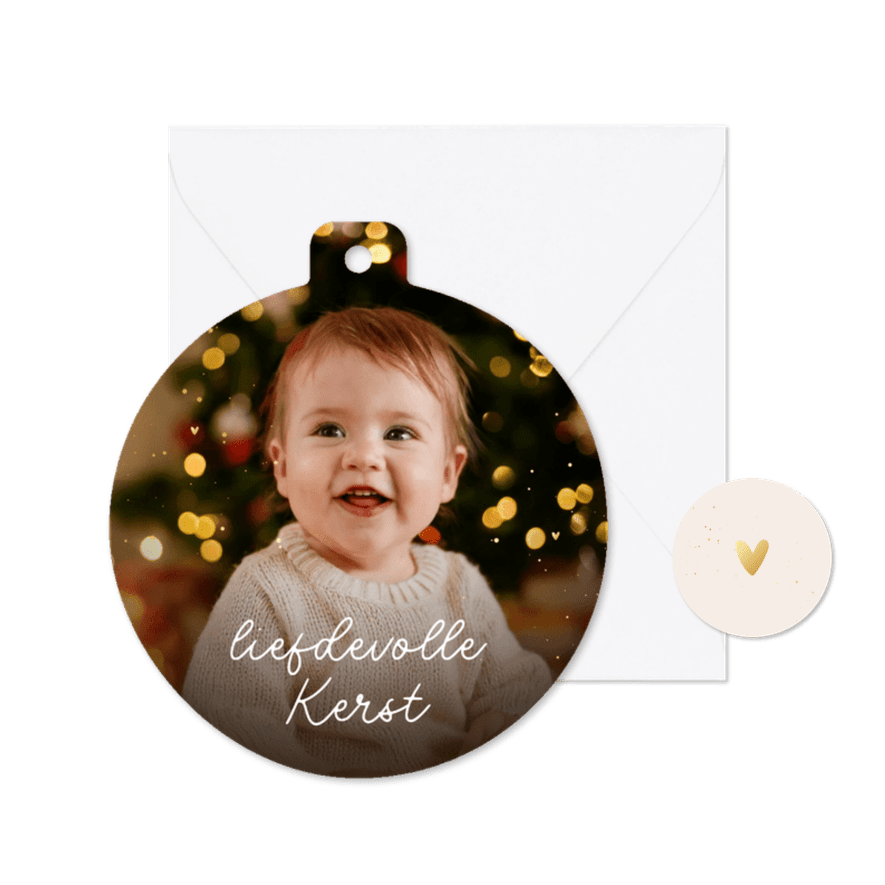Kerstkaart kerstbalvorm grote foto liefdevolle kerst  - Kaartimpressie