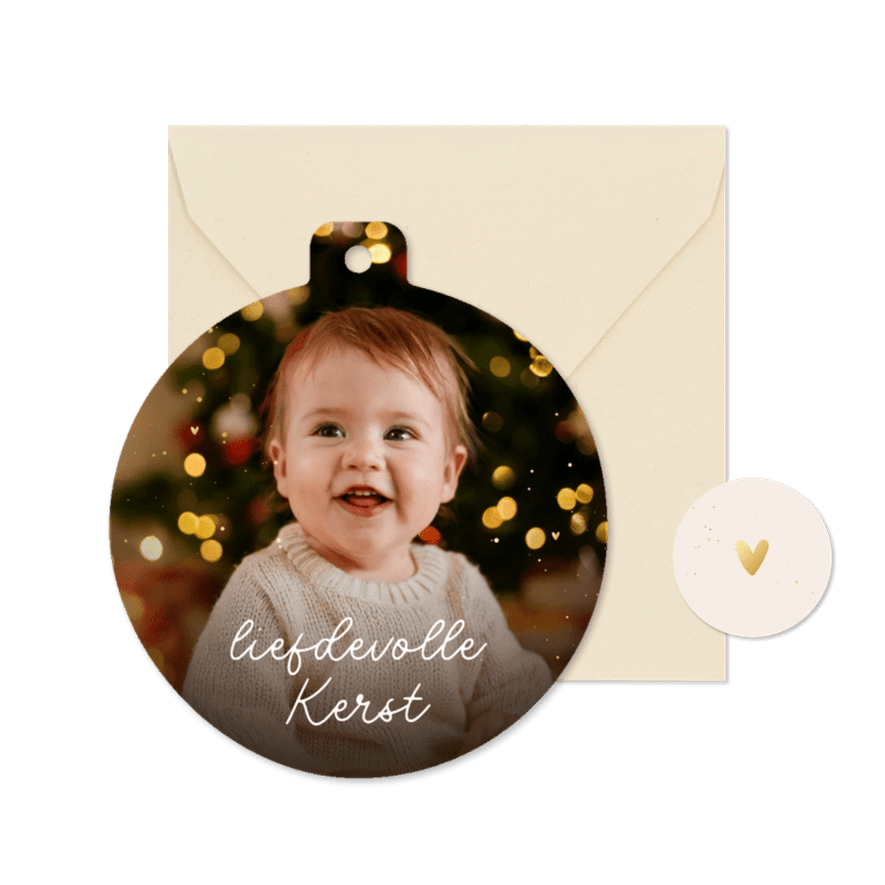 Kerstkaart kerstbalvorm grote foto liefdevolle kerst - Kaartimpressie
