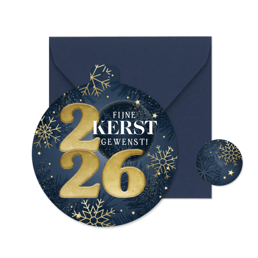 Kerstkaart kerstbalvorm jaartal sneeuwvlokken en sterren - Kaartimpressie