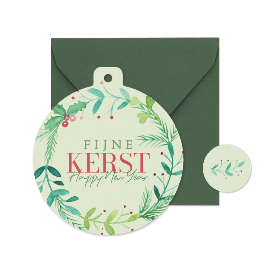 Kerstkaart kerstbalvorm kerstkrans aquarel - Kaartimpressie