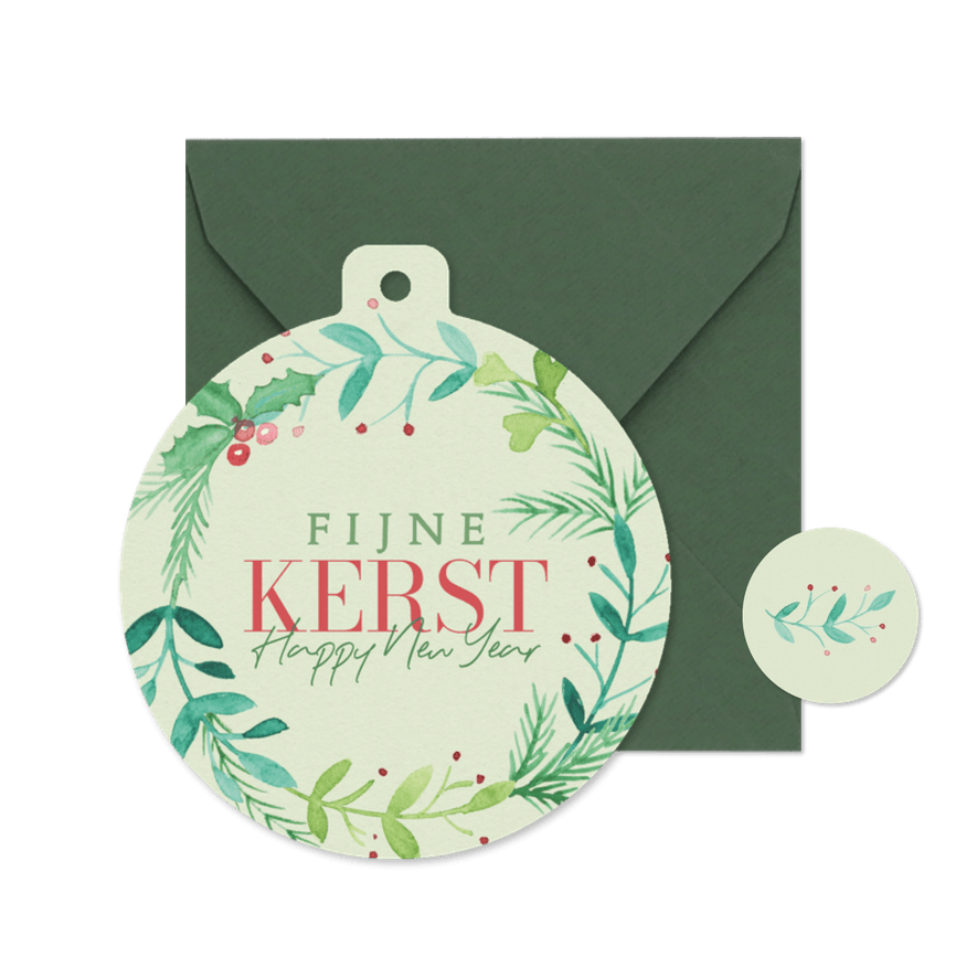 Kerstkaart kerstbalvorm kerstkrans aquarel - Kaartimpressie