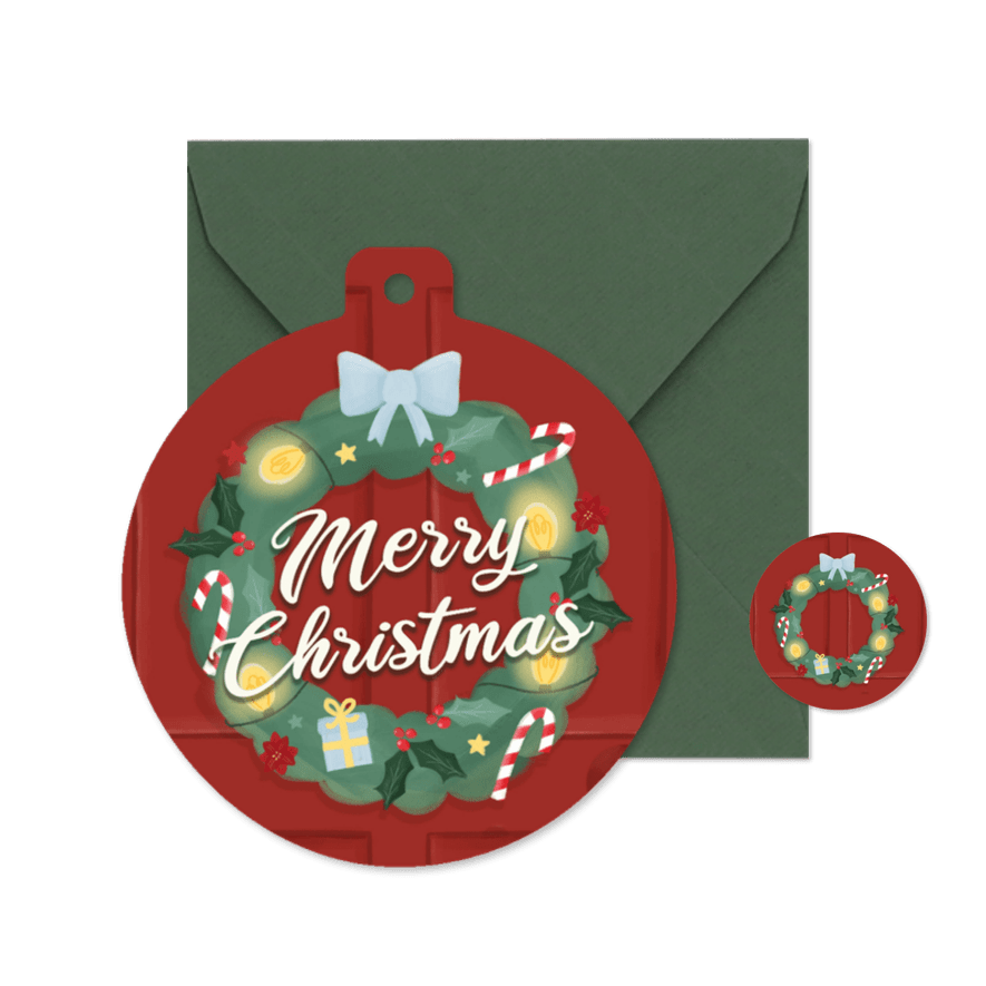 Kerstkaart kerstbalvorm kerstkrans strik merry christmas - Kaartimpressie