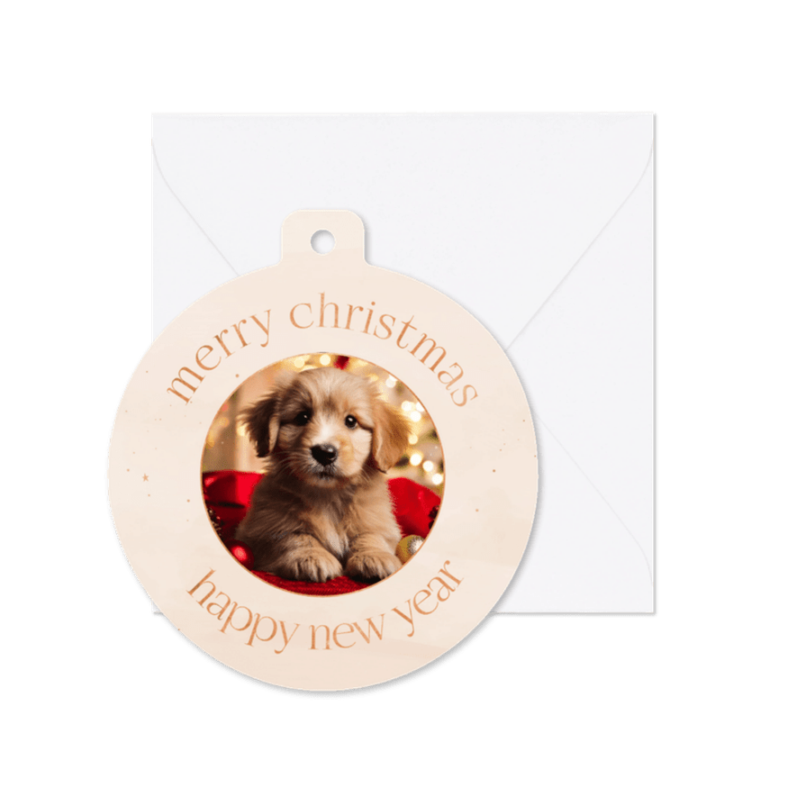 Kerstkaart kerstbalvorm koper merry christmas met foto - Kaartimpressie