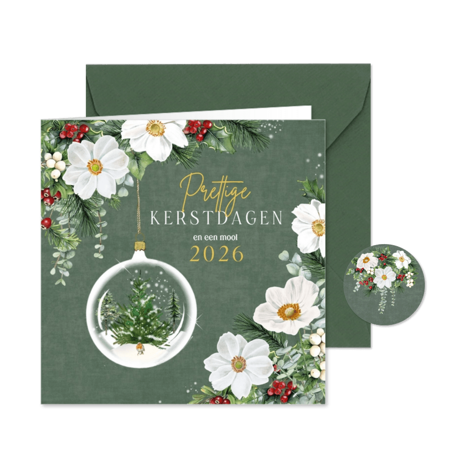 Kerstkaart kerstbloemen kerstbal op fluweelachtige kleur - Kaartimpressie