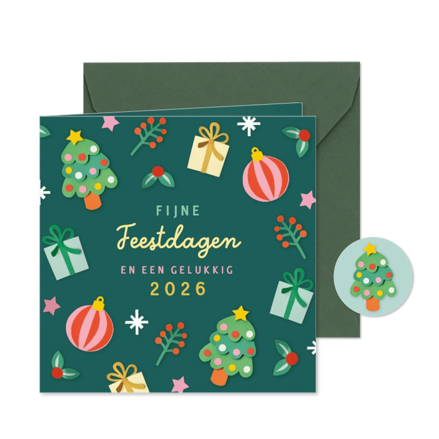 Kerstkaart kerstbomen en cadeautjes donkergroen - Kaartimpressie