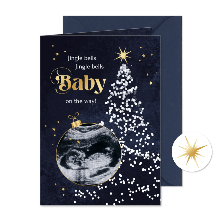 Kerstkaart kerstboom baby op komst sterren goud - Kaartimpressie