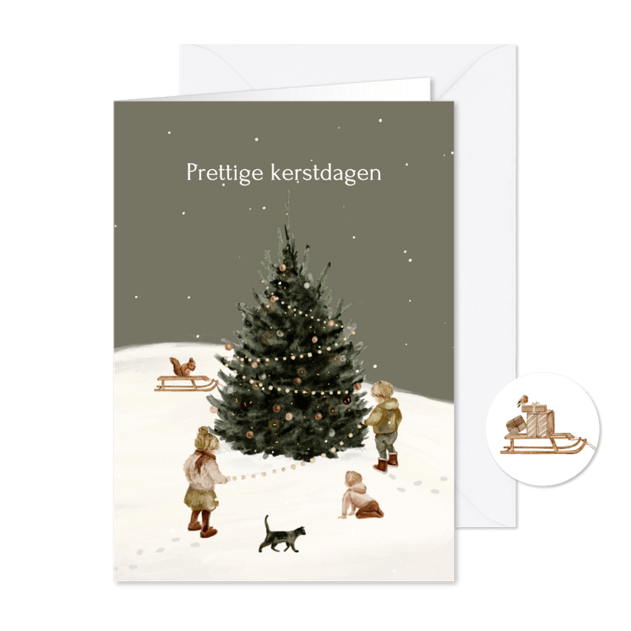 Kerstkaart kerstboom buiten kinderen sneeuw - Kaartimpressie