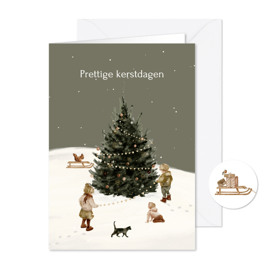 Kerstkaart kerstboom buiten kinderen sneeuw - Kaartimpressie