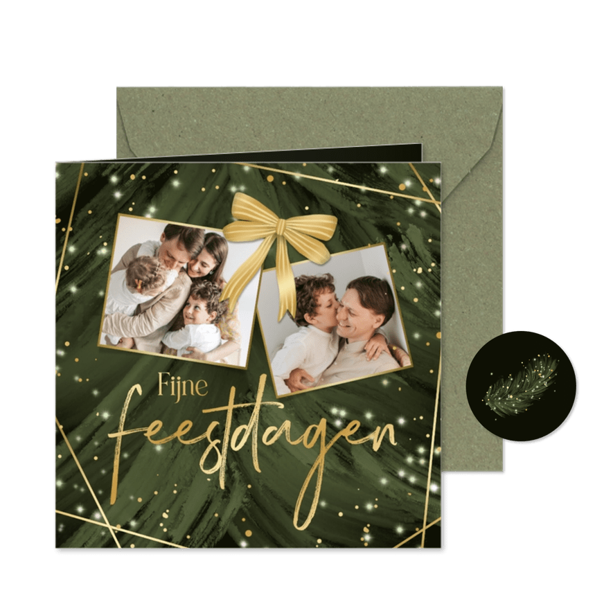 Kerstkaart kerstboom close up sprankelend foto's strik - Kaartimpressie