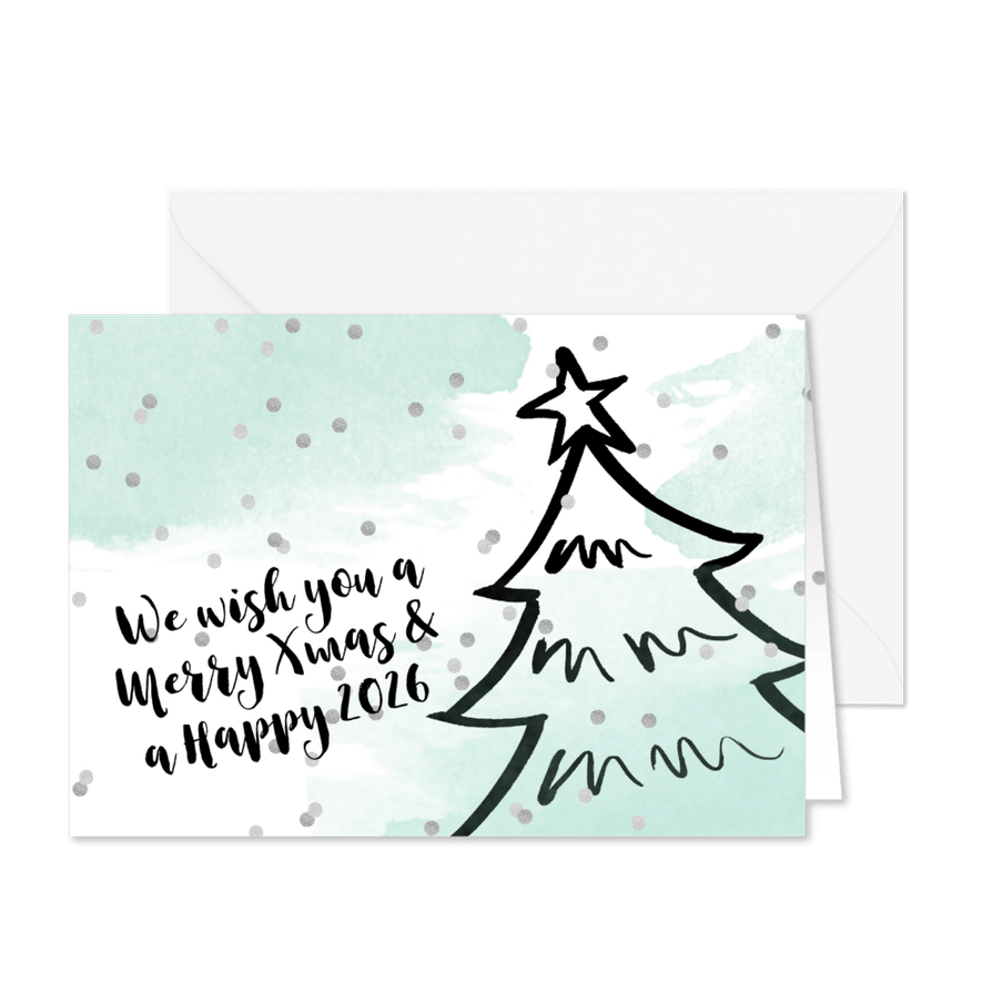 Kerstkaart kerstboom confetti aquarel mint - Kaartimpressie
