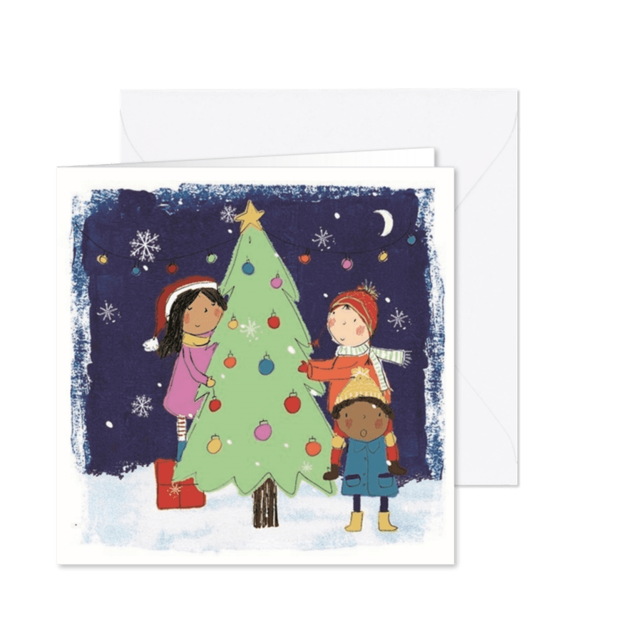 Kerstkaart kerstboom drie kinderen - Kaartimpressie