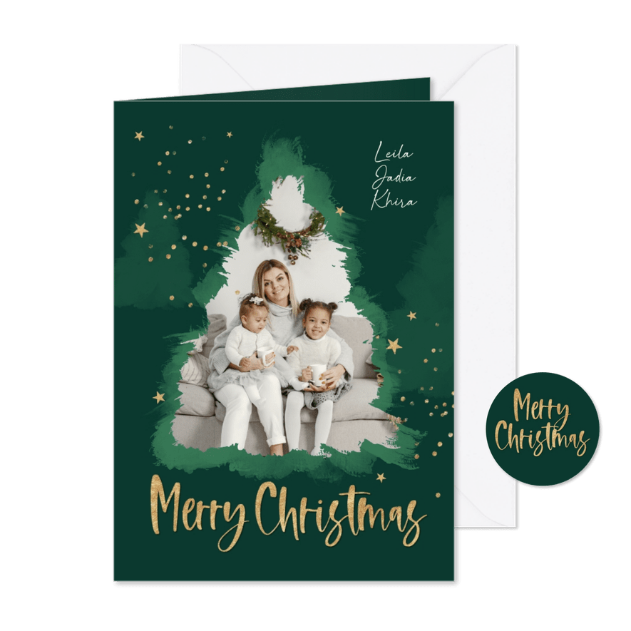 Kerstkaart kerstboom foto sterren goud merry christmas - Kaartimpressie