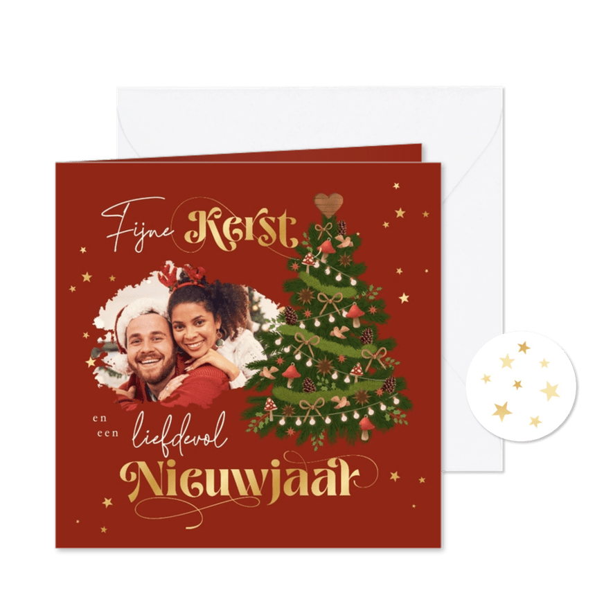 Kerstkaart kerstboom foto sterren goud rood illustratie - Kaartimpressie
