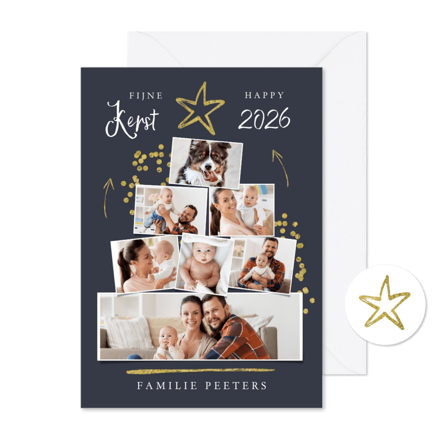 Kerstkaart kerstboom fotocollage goud ster - Kaartimpressie