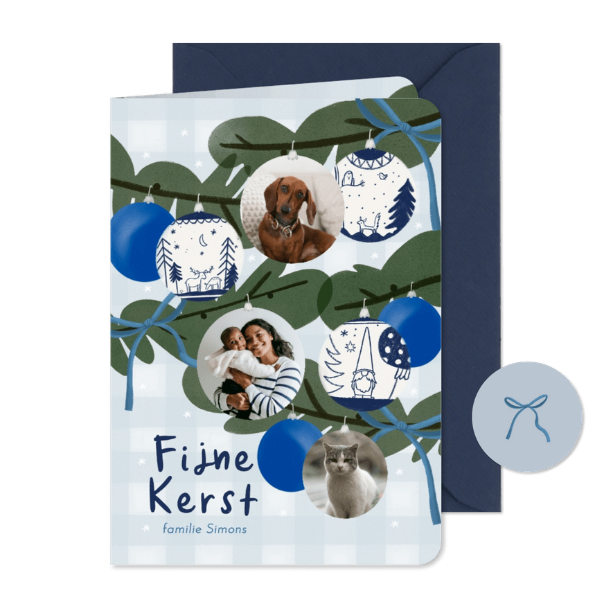 Kerstkaart kerstboom fotocollage kerstballen strikken - Kaartimpressie