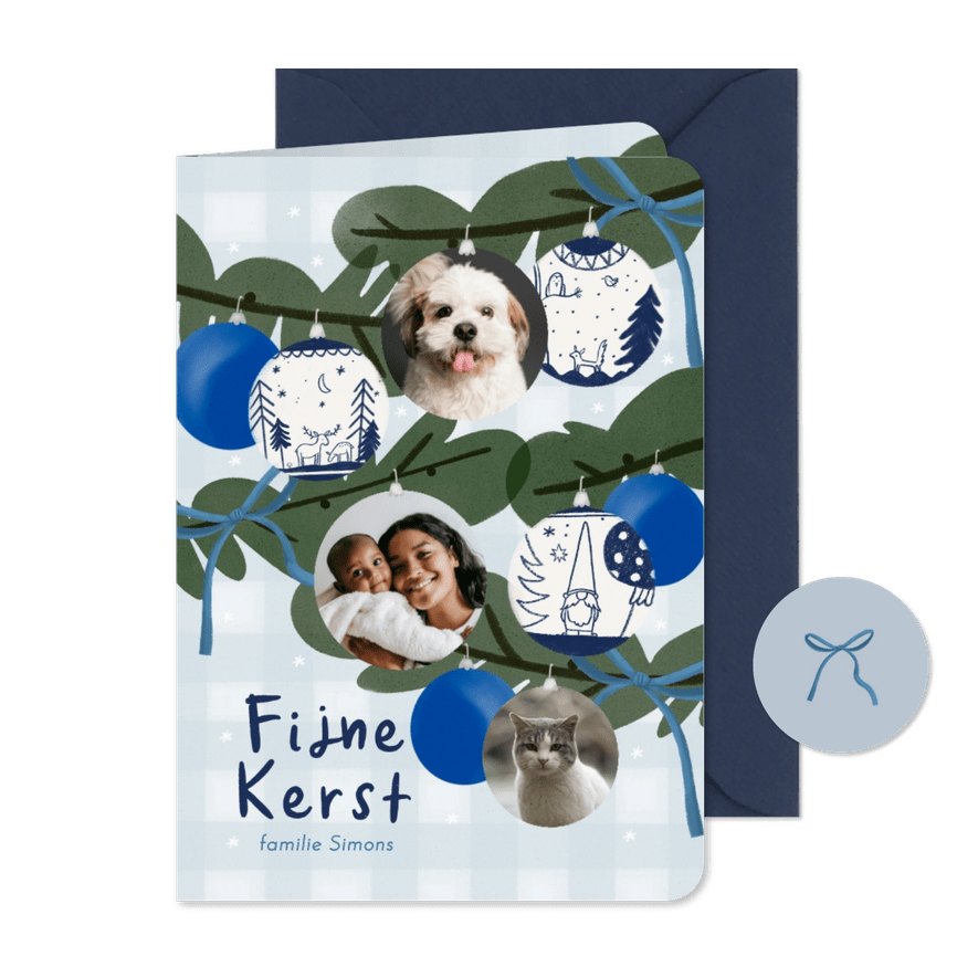 Kerstkaart kerstboom fotocollage kerstballen strikken - Kaartimpressie