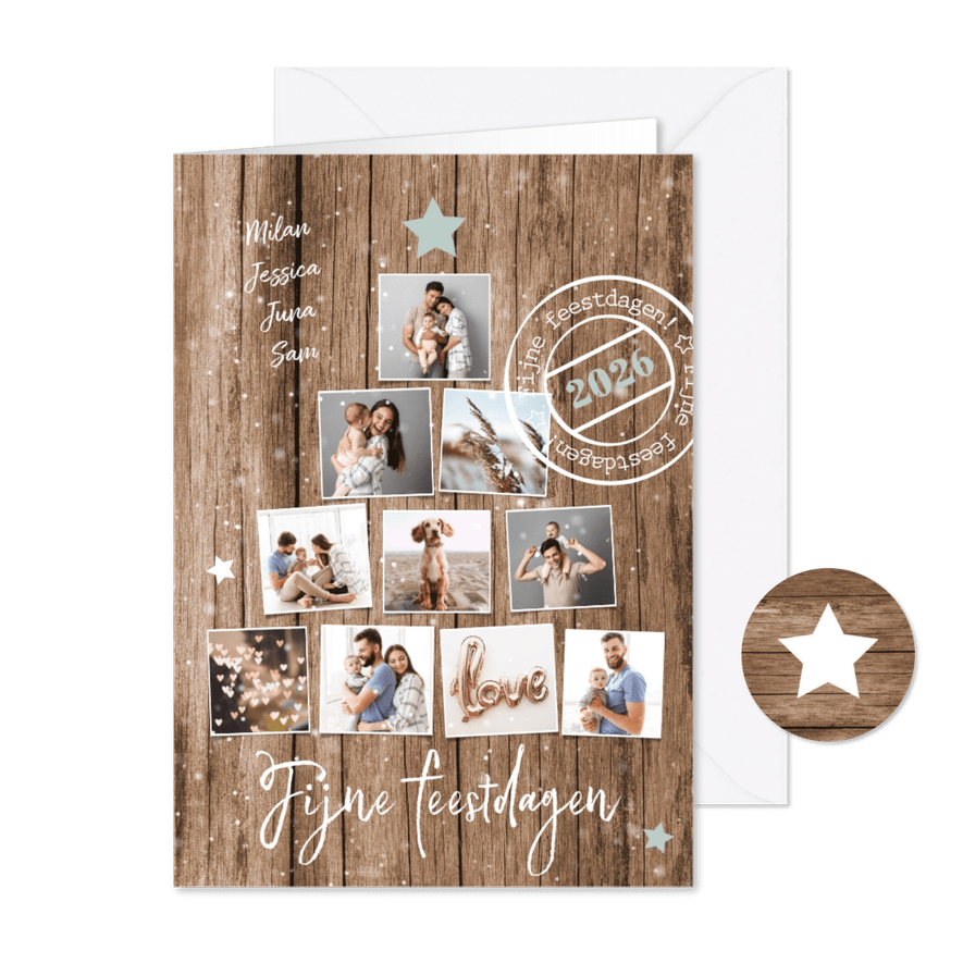 Kerstkaart kerstboom fotocollage stempels sterren hout - Kaartimpressie