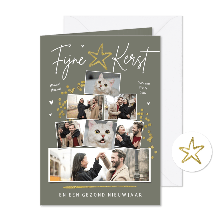 Kerstkaart kerstboom fotocollage sterren confetti goud - Kaartimpressie