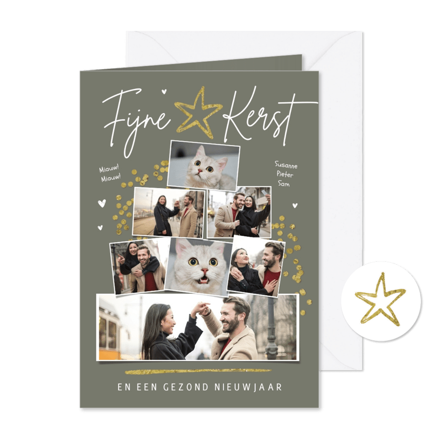 Kerstkaart kerstboom fotocollage sterren confetti goud - Kaartimpressie