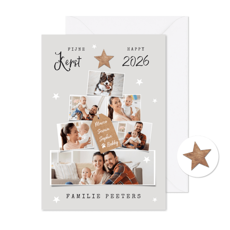 Kerstkaart kerstboom fotocollage sterren hout label - Kaartimpressie