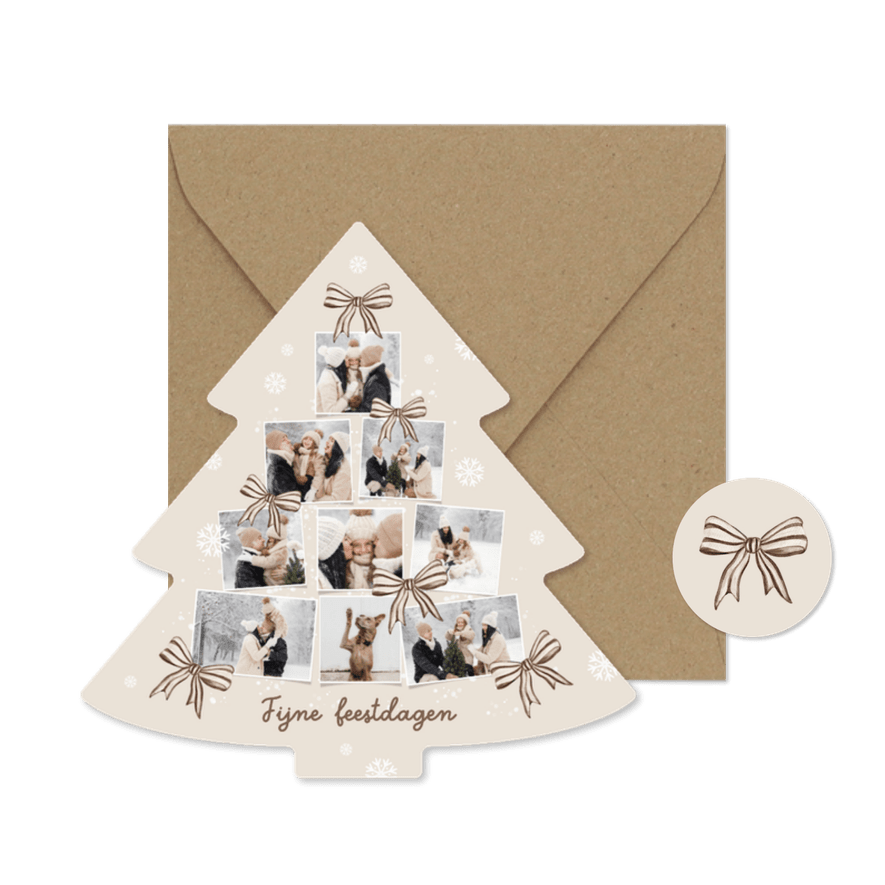 Kerstkaart kerstboom fotocollage strikjes beige sneeuw - Kaartimpressie
