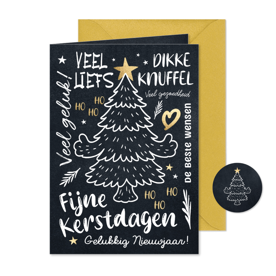 Kerstkaart kerstboom goud op krijtbord - Kaartimpressie