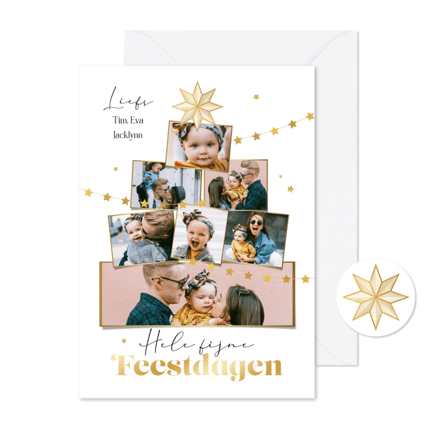 Kerstkaart kerstboom goud stijlvol sterren slinger foto - Kaartimpressie