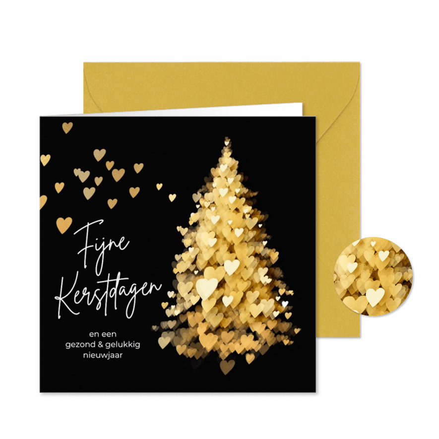 Kerstkaart kerstboom hartjes sprankelend goud - Kaartimpressie