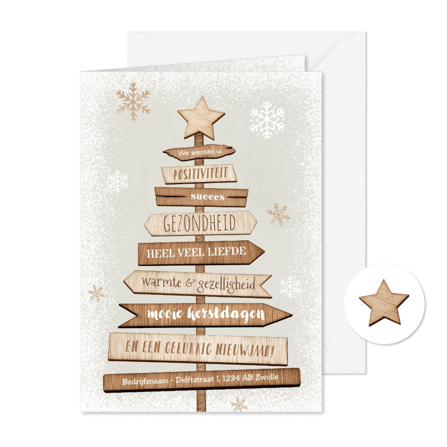 Kerstkaart kerstboom hout industrieel ster sneeuw positief - Kaartimpressie