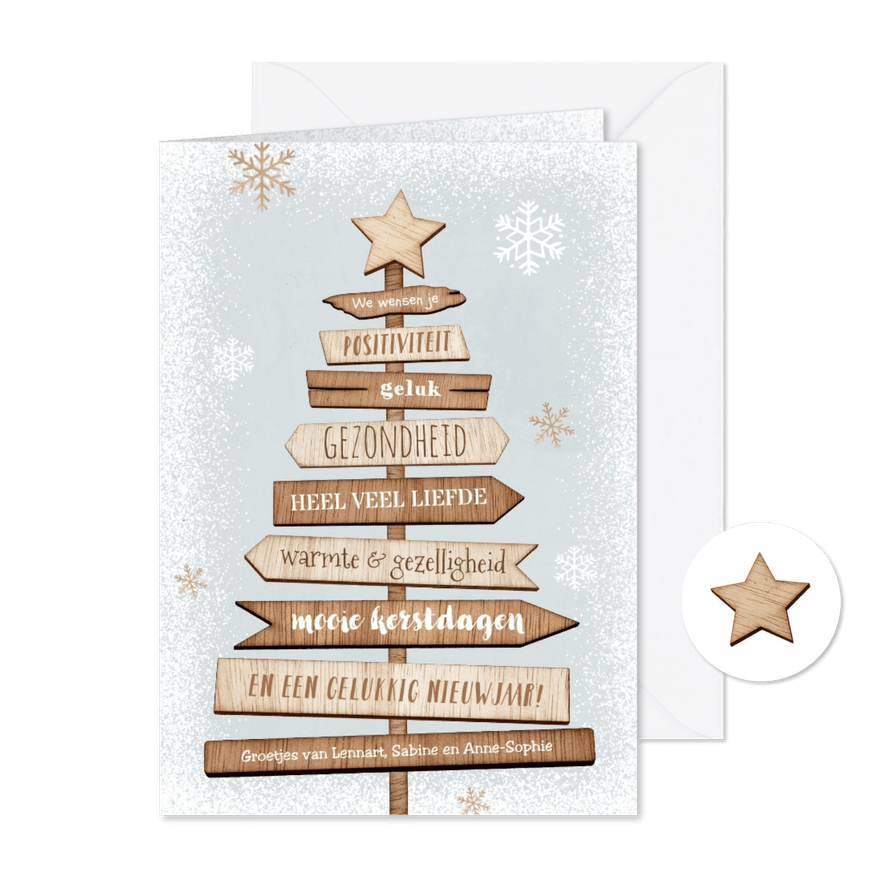 Kerstkaart kerstboom hout wegwijzers ster sneeuw winter - Kaartimpressie