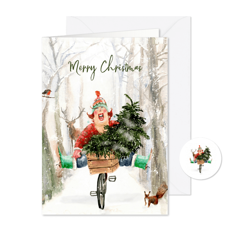 Kerstkaart kerstboom in de fietsmand - Kaartimpressie