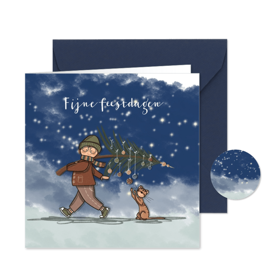 Kerstkaart kerstboom kat - Kaartimpressie