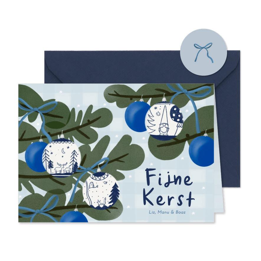 Kerstkaart kerstboom kerstballen blauwe strikken fijne kerst - Kaartimpressie