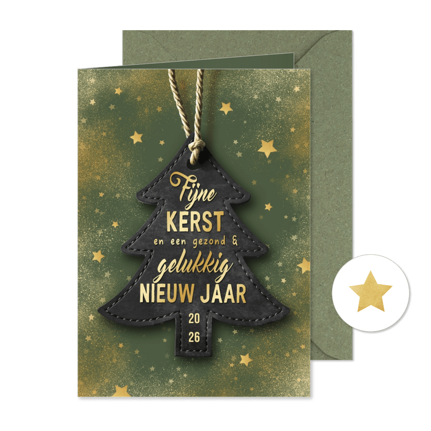 Kerstkaart kerstboom label goud groen sterren beste wensen - Kaartimpressie