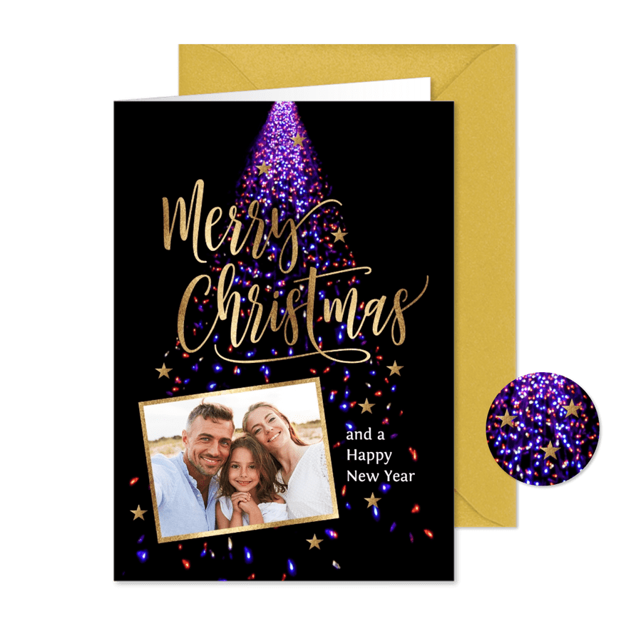 Kerstkaart kerstboom lichtjes en foto - Kaartimpressie