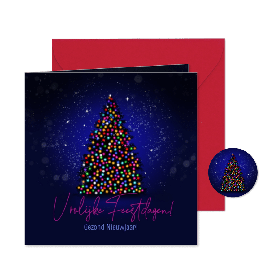 Kerstkaart kerstboom lichtjes en sneeuw - Kaartimpressie