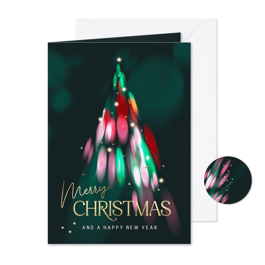 Kerstkaart kerstboom lichtjes kleurrijk - Kaartimpressie