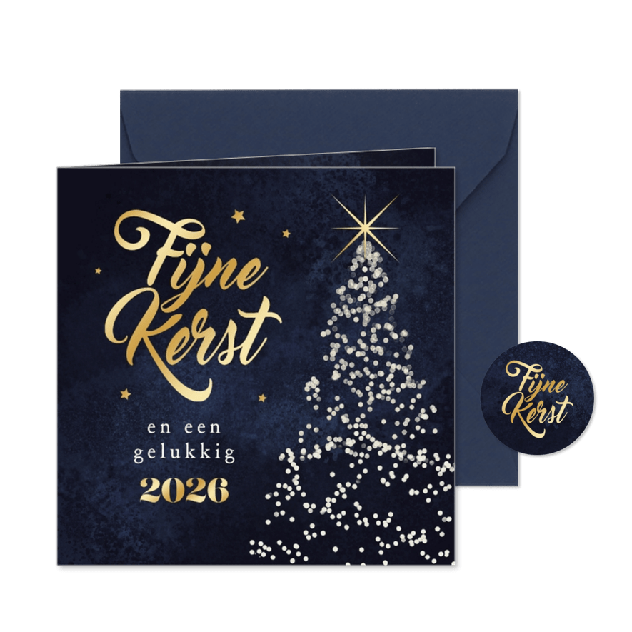 Kerstkaart kerstboom lichtjes sterren fijne kerst 2026 - Kaartimpressie
