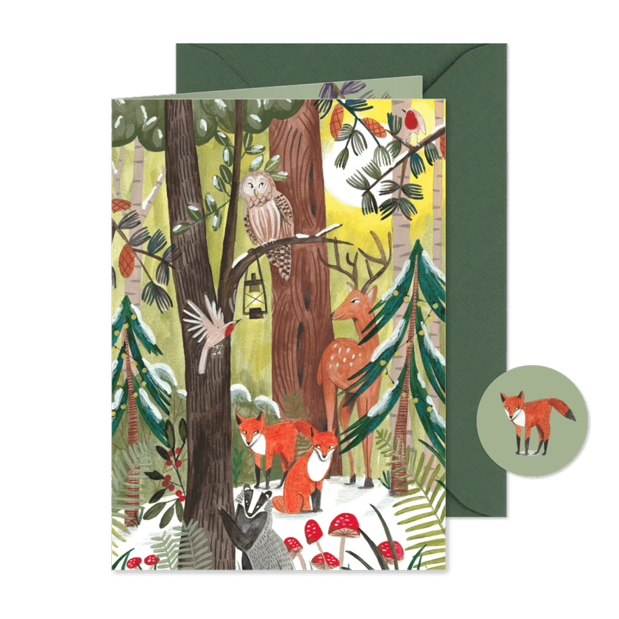 Kerstkaart kerstboom met dieren in het bos. - Kaartimpressie