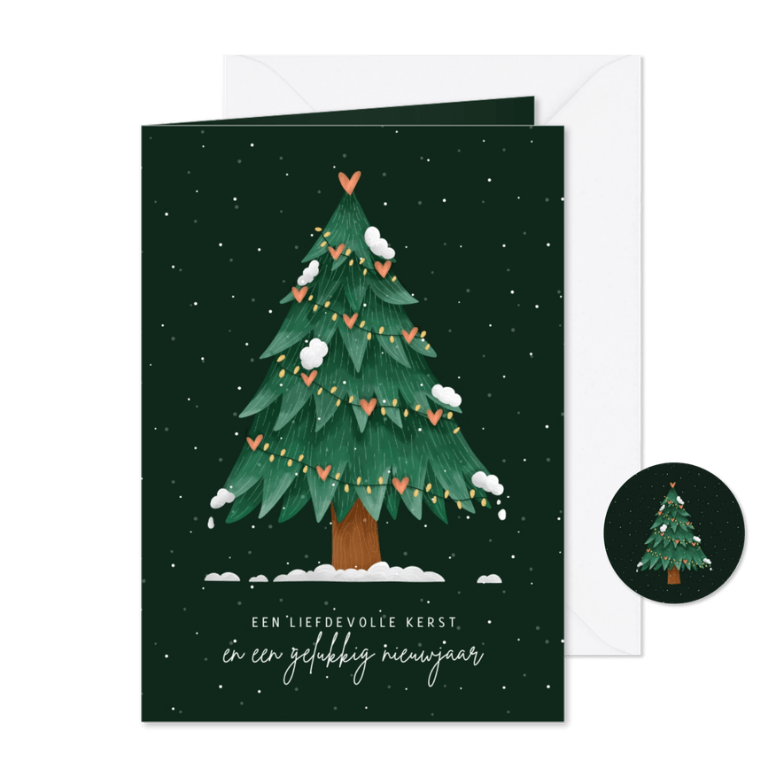 Kerstkaart kerstboom met hartjes liefdevolle kerst - Kaartimpressie