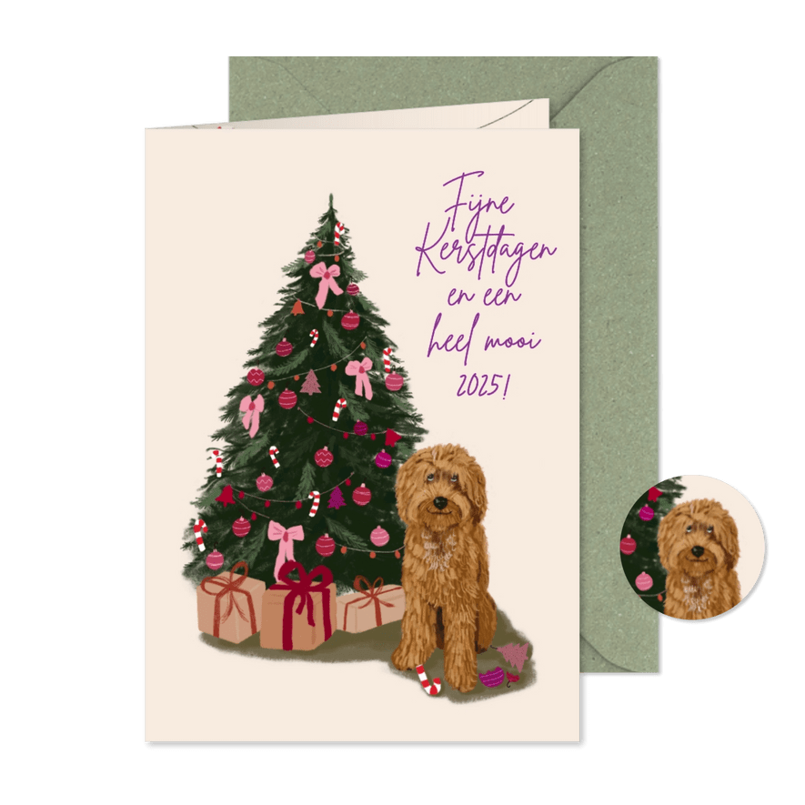 Kerstkaart kerstboom met hond - Kaartimpressie