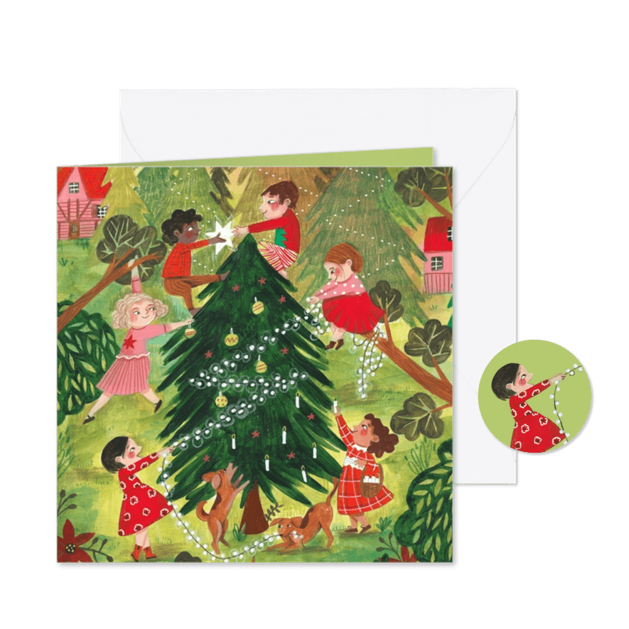 Kerstkaart kerstboom met kinderen en honden in het bos. - Kaartimpressie