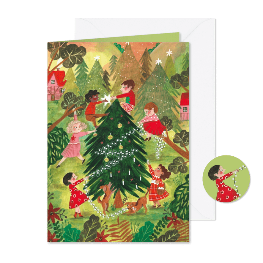 Kerstkaart kerstboom met kindjes in dorpje met kerstbomen - Kaartimpressie