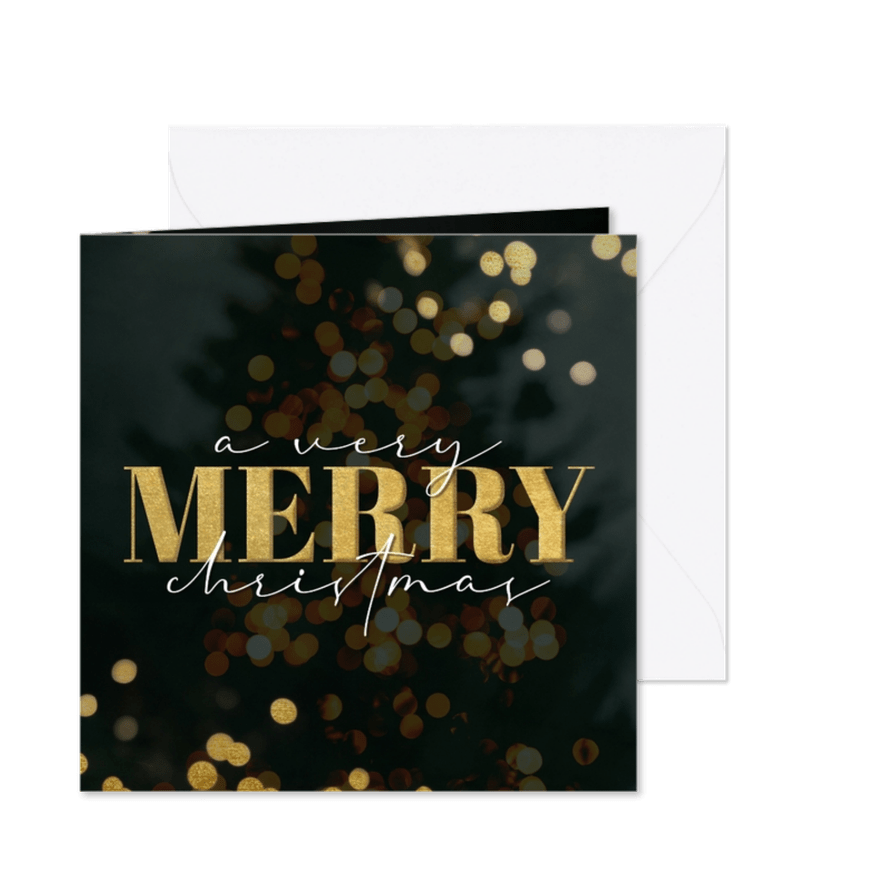 Kerstkaart kerstboom met lichtjes very mery christmas - Kaartimpressie