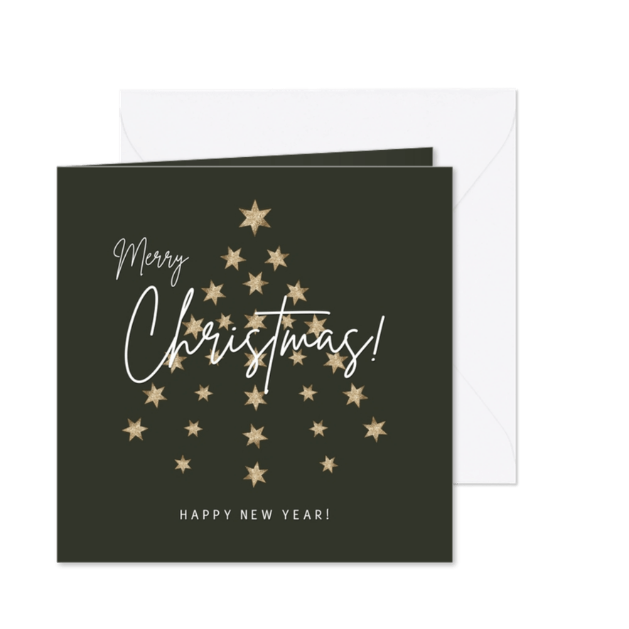 Kerstkaart kerstboom sterren goud - Kaartimpressie